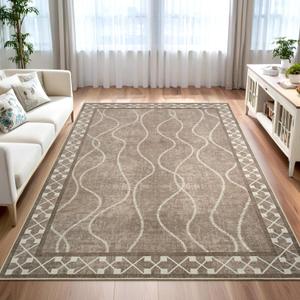 5x7 Area Rugs for Living Room, Machine Washable Rugs, Non-Slip Backing Low Pile Indoor Floor Rugs, Large Modern Carpet for Bedroom Entryway Classroom Playroom Dining Room Home Decor, Brown