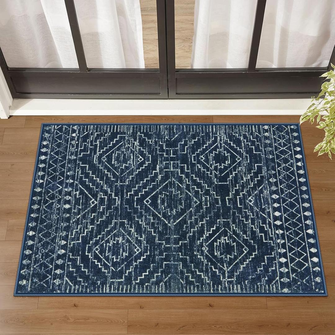 Wonnitar Moroccan Bathroom Rug,Washable 2x3 Small Bath Mat, Boho Tribal Soft Kitchen Sink Mat, Non-Slip Geometric Entry Way Rug, Low-Pile Indoor Carpet for Bedside Entrance Laundry (Blue,2'x3')