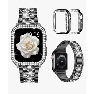 Mosonio Compatible with Apple Watch Band 38mm 40mm 41mm 42mm 44mm  with 2 Pack Case Women, Jewelry Replacement Metal Bands Strap with Bling PC Protective Case for iWatch Ultra SE Series 11/10/9/8/7/6/5/4/3/2/1