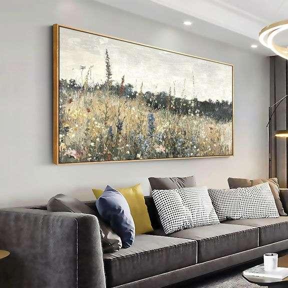 Solid wood Framed Canvas Wall Art Vintage Decor, Classical Oil Painting Canvas Prints Champ fleuri Vintage 29'X58'Wall Art for Home Room Bathroom Decor