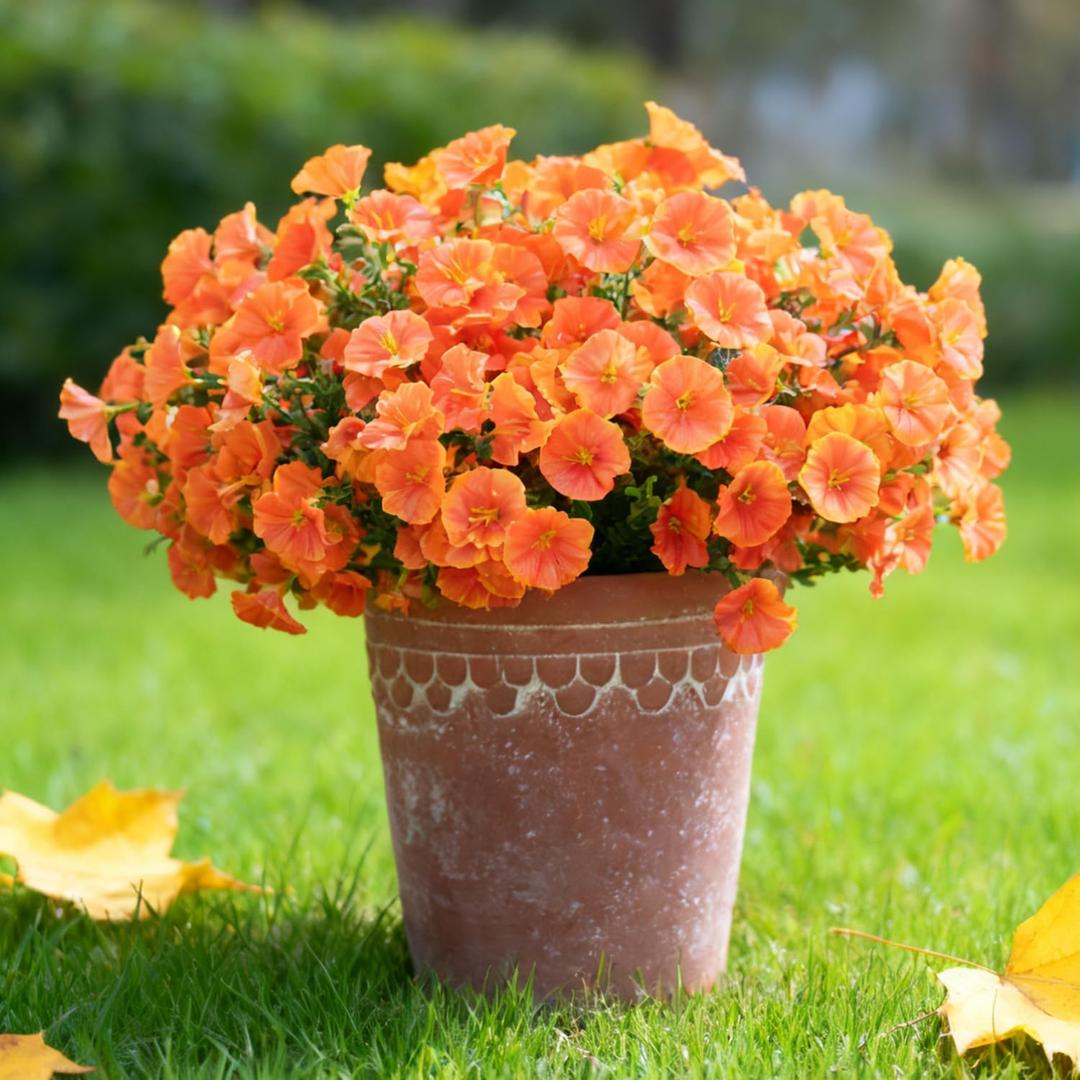 Orange Artificial Morning Glory Fall Faux Flowers for Outdoor Decoration, 12 Bundles Realistic Silk Flowers with Eucalyptus for Autumn Home Decor Patio Porch Garden Planter Window Box Yard
