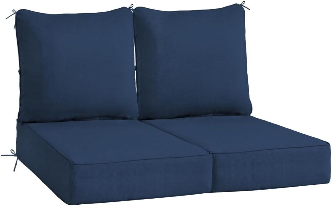Sundale Outdoor Olefin Deep Seat Cushion Set of 2, Patio Chair Cushion and Pillow, Water-Resistant Sectional Sofa Pad with Straps Dark Blue, 24 x 24 x 6 Inches