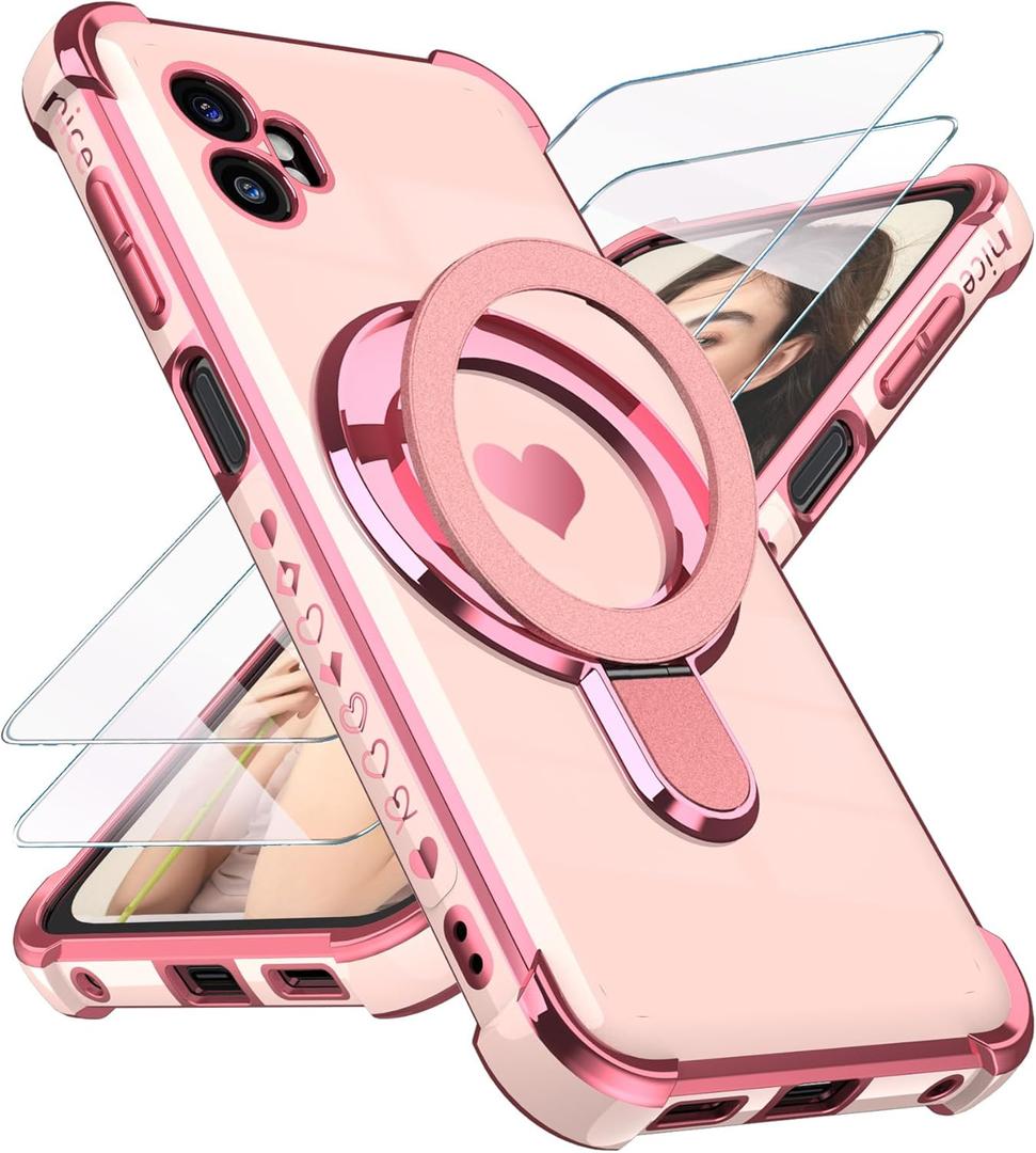 for Samsung Galaxy XCover7 Pro Love Heart Kickstand Case with 2X Screen Protector: Luxury Plated Gold Edge Slim Soft TPU Shockproof Protection Case Cover for Galaxy XCover7 Pro (Pink)