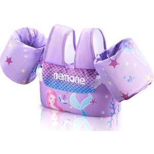 Nemone Toddler Swim Vest for 22-70 lbs Kids Floaties Swim Jacket with Arm Water Wings for Girls Boys 1 2 3 4 5 6 7 Years Old Beach Pool 20 30 40 50 60 66 Pounds Puddle Jumper (A- Purple Mermaid)