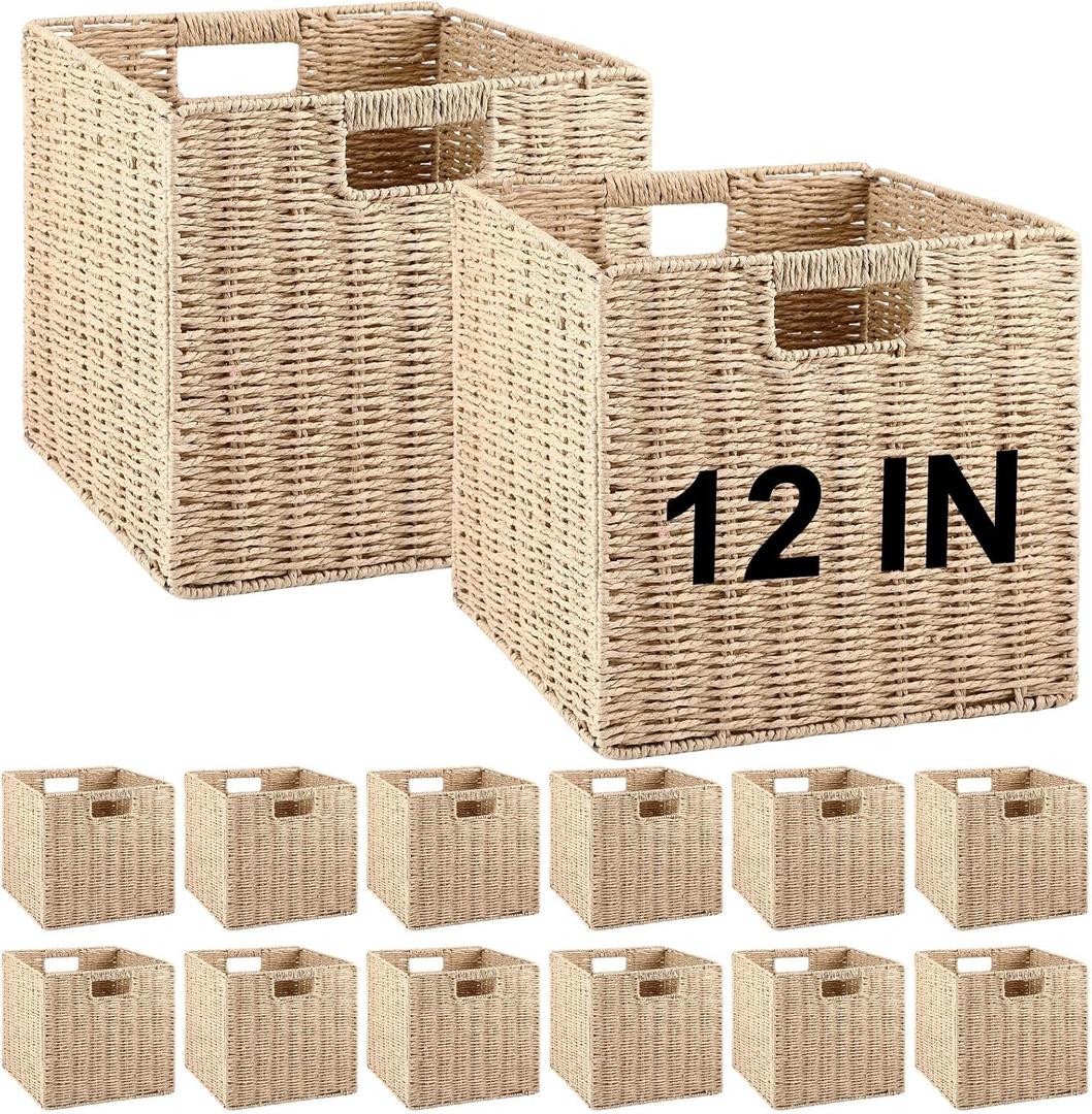 Vesici 12 Pcs Wicker Baskets for Organizing Wicker Storage Cube Storage Beige 12 Inch Foldable Woven Basket with Handles for Organizer Shelves Bathroom Bedroom Laundry Pantry Living Room