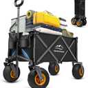 Beach Wagon with Big Wheels for Sand, Heavy Duty Collapsible Folding Wagon with All-Terrain 9" Pneumatic Tires & Drink Holders, Utility Wagon for Garden Sports Camping Outdoor Activities (Black)