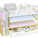 Wood Desk Organizers and Accessories with File Holder, 4-Tier Desk Accessories & Workspace Organizers with Drawer and Pen Holder, Desk Reference Organizer, Gold, 4T with Drawer