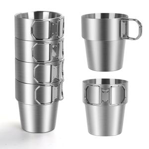 Ftabernam 4-Pack Stainless Steel Camping Cups with Foldable Handle, 10 oz Camping Coffee Mugs with Double Wall Design, Ideal for Outdoor Activities, Travel, and Home Use