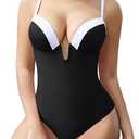 SHAPERIN Women's Underwire One Piece Swimsuit Deep U Plunge Bathing Suits Tummy Control Color Block Swimwear Black XL