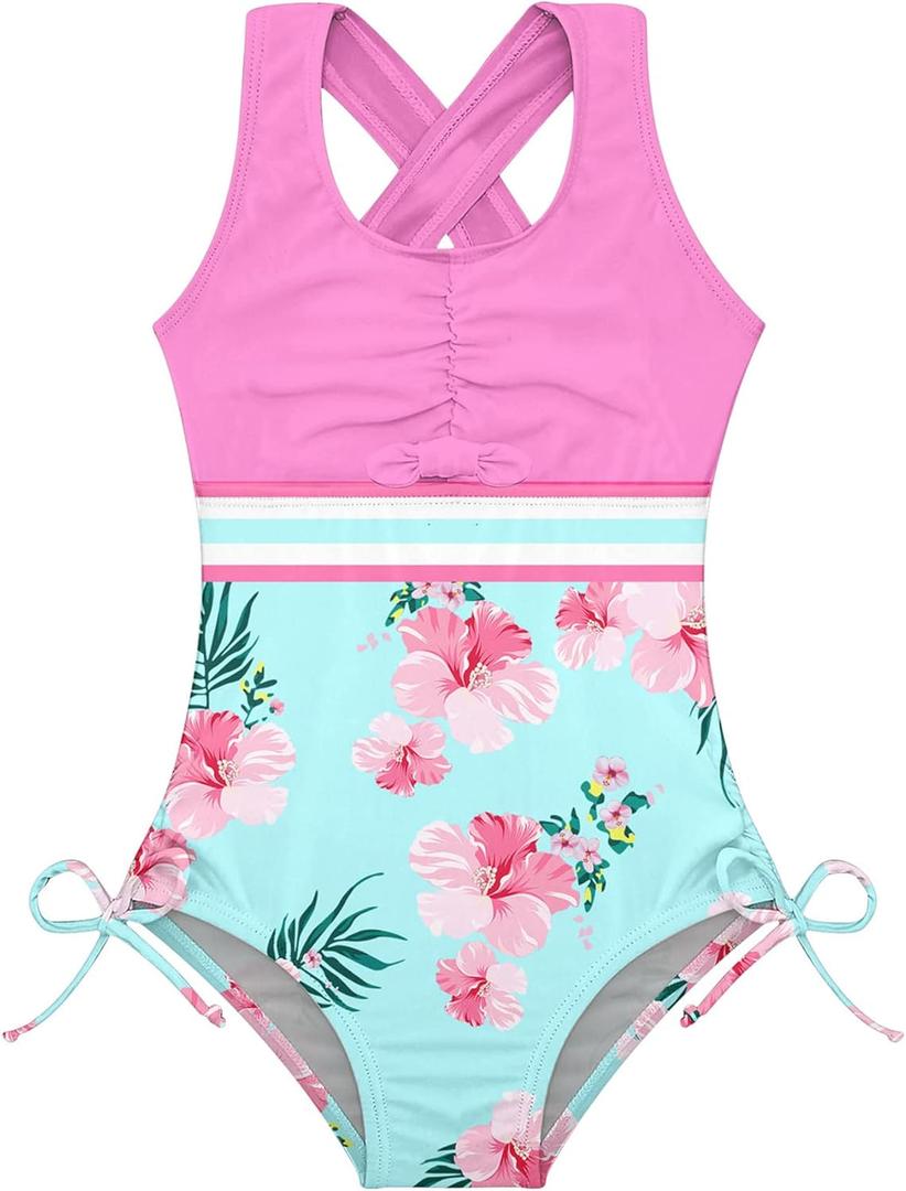 BFUSTYLE Girls One Piece Swimsuit Cute Striped Bathing Suit Hawaii Swimwear 6-17 Years (10-11 Years, Floral 3)
