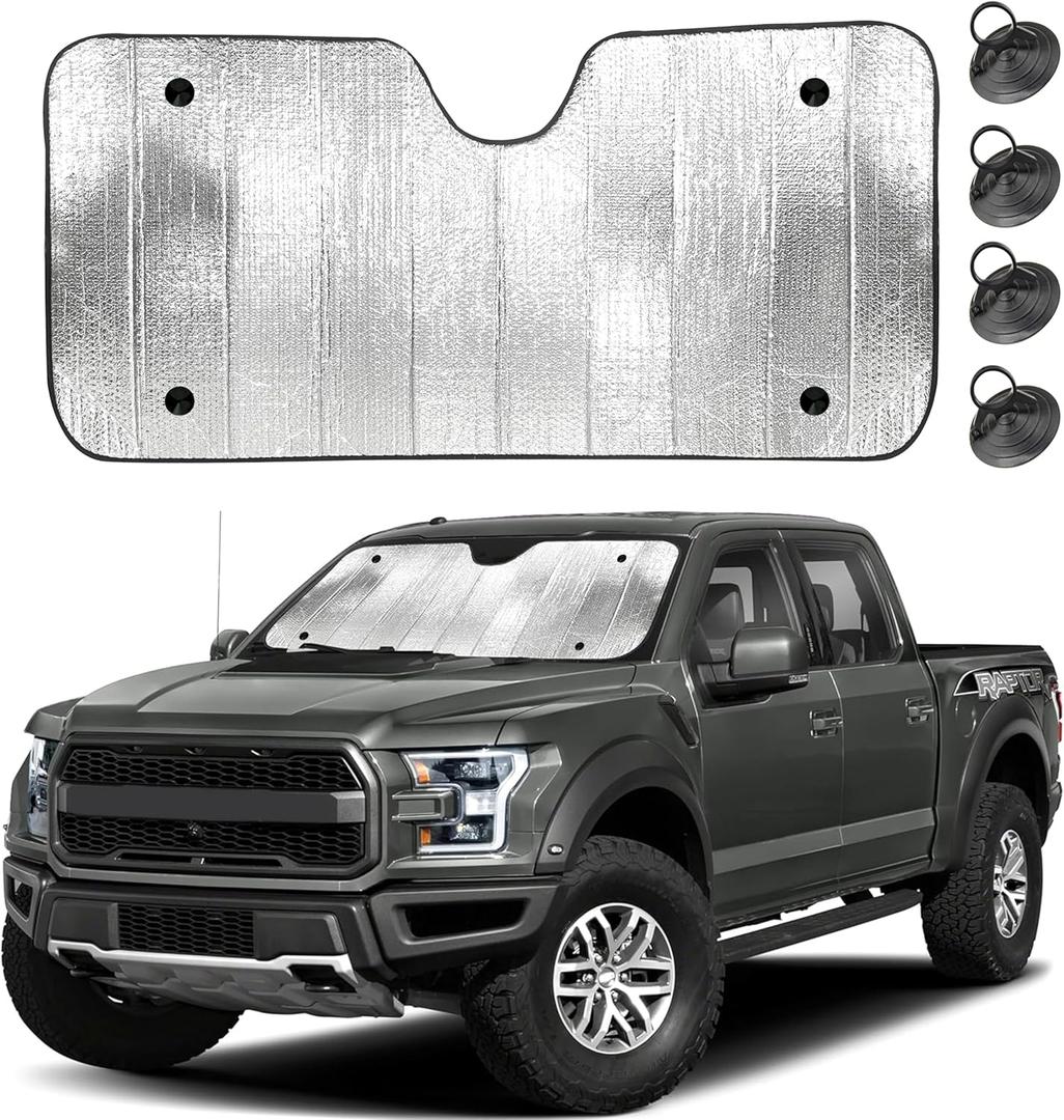 EcoNour Accordion Truck Windshield Sun Shade | Foldable Sun Visor with 4 Suction Cups | Reflective Automotive Windshield Shade Blocks UV Rays&Heat |Window Sun Blocker for Cool Interior - 66" x 31", X-Large