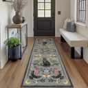 GarveeHome 2x6 Cat Washable Runner Rug for Kitchen, Soft Grey Hallway Runner Non Slip Mushroom Moths Entryway Rug Floral Laundry Mat Stain Resistant Carpet for Bedroom Bathroom Beside Rug