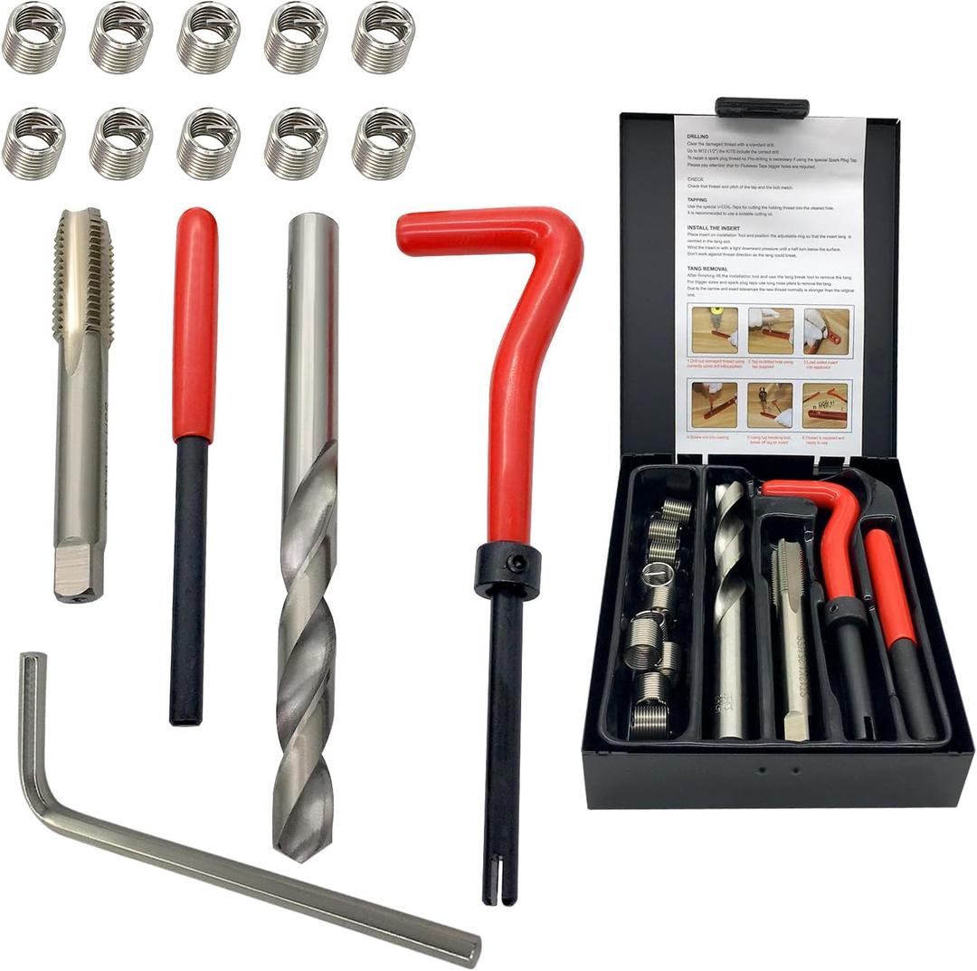 M12x1.25 Thread Repair Kit, Helicoil Thread Inserts Taps Kit with HSS Drill Bits Compatible Hand Tool Set for Damaged Thread Auto Repairing(Metric)