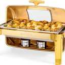 ROVSUN 9QT Chafing Dishes for Buffet, Roll Top Chafing Dish Buffet Set, Stainless Steel Buffet Warmer Chafers and Buffet Warmers Sets with Glass Window for Catering Events Parties Weddings, Gold