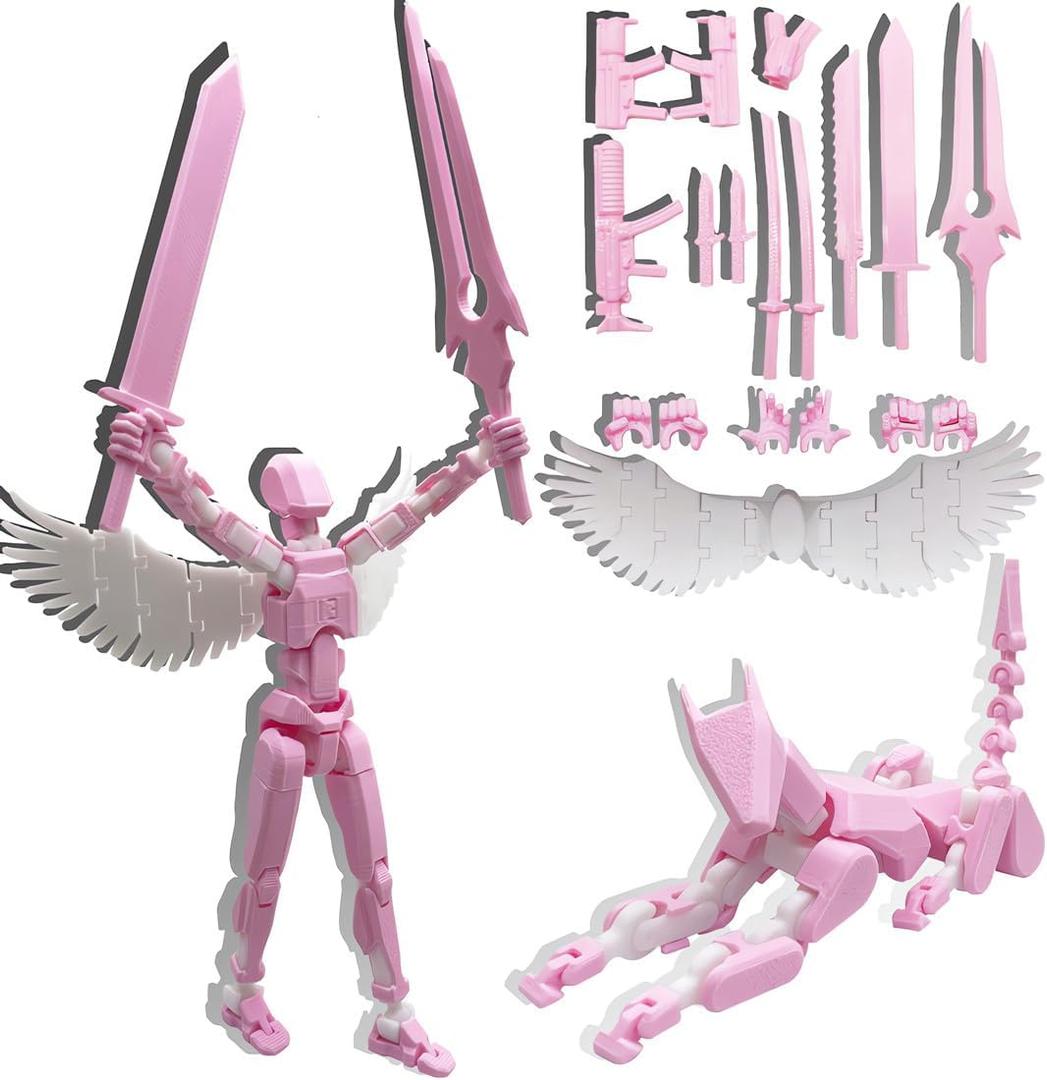 T13 3D Action Figures Set Titan 13 Action Figure Dummy 3D Printed Robo Multi-Jointed Movable Toy with Full Articulation for Collectors Desktop (Assembly Completed Pink White Figure + Dog)