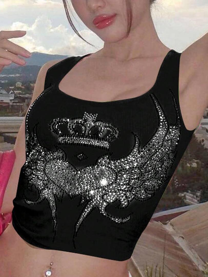 SOLY HUX Women's Y2k Tank Tops Graphic Rib Knit Scoop Neck Sleeveless Crop Top (Black, S)