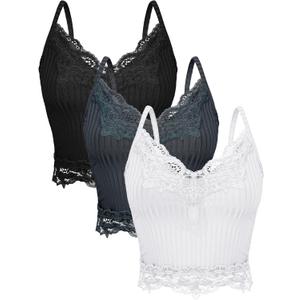 Bencailor 3 Pcs Women's Lace Tank Tops Y2k Camisole Lace Patchwork Crop Tops Grunge Style Ribbed Knitted Clothing (X-Large, White, Gray, Black)