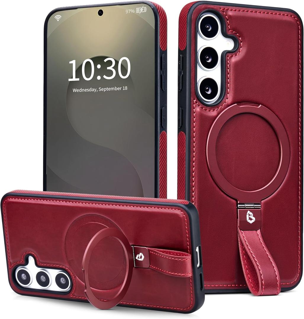 for Samsung Galaxy S25 and S24 Leather Case with Stand, Anti-Slip Grip Ring, Fits for MagSafe (Burgundy, S25/S24-6.2inch)