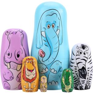 Yoption 6 Pcs Russian Nestingdolls, Handmade Wooden Matryoshkadoll Animal Nestingdoll Set for Christmas Birthday Gift Party Home Decorations (Blue Elephant)