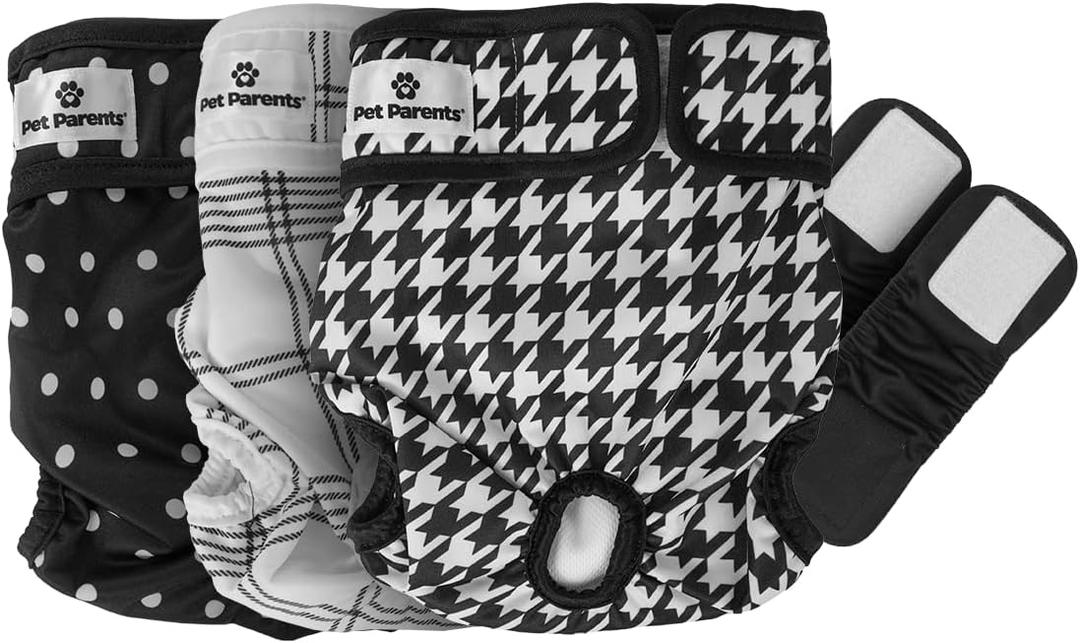 Pet Parents Washable Dog Diapers (3pack) + Extendrs of Durable Doggie Diapers, Premium Dog Diapers Female (Small, Luxe)