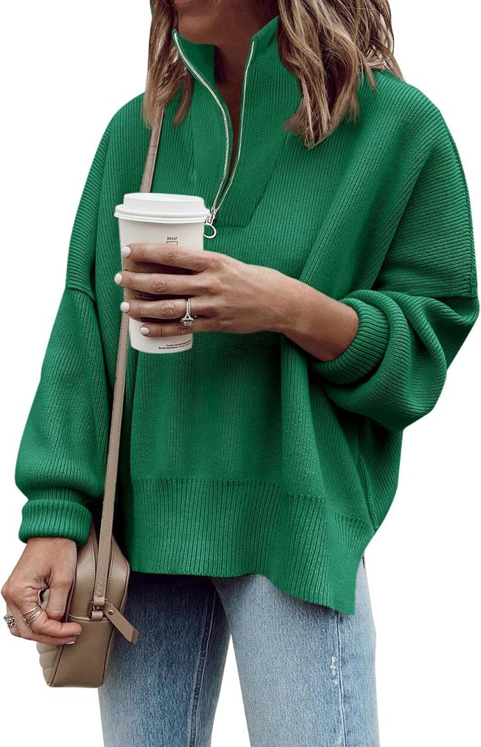 Imily Bela Womens Tunic Sweater Fall Long Sleeve 1/4 Zip Pullover Sweaters Oversized Slouchy Ribbed Knit Sweatshirt with Slit (Large, Dark Green)