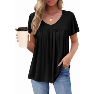 HOTOUCH Womens Short Sleeve Tunic Tops V Neck Loose Fit Ruffle Sleeve Shirts Summer Floral Dressy Casual Boho Blouses (Black, S)