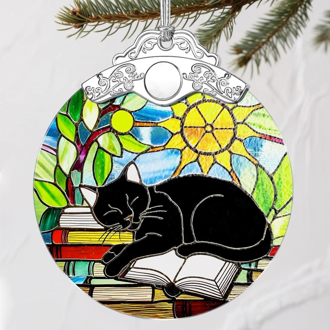 Stained Glass Black Cat Christmas Ornament: Christmas Tree Ornaments & Decor, Holiday Decor  Holiday Presents, Gift Exchange Ideas & Elegant Keepsake for Family, Coworkers & Friends