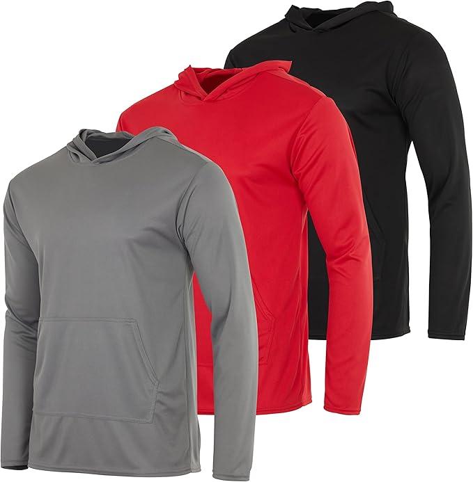 Real Essentials 3 Pack: Men's Mesh Long Sleeve Athletic Pullover Hoodie Sweatshirt Pockets UPF 50+, Size XL