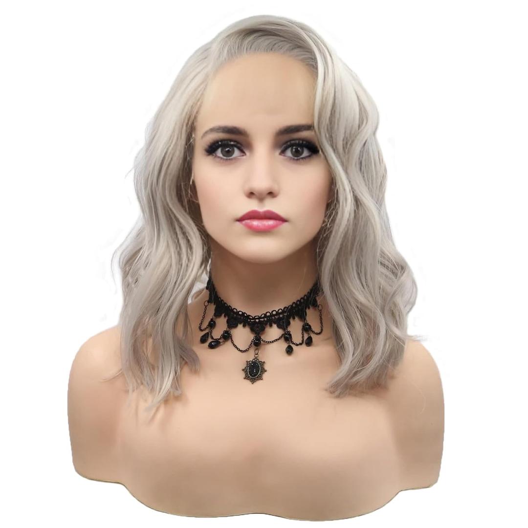 Wiginway Short Silver Grey Curly Synthetic Lace Front Wigs Bob Hair Wigs Side Parting Heat Resistant Women Wigs Platinum Gray Wigs 14 inches