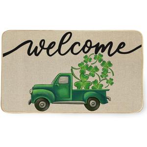 St Patricks Day Welcome Decorative Doormat, Seasonal Rug Spring Green Lucky Shamrock Truck Sign Floor Door Mat Switch Mat for Indoor Outdoor 17 x 29 Inch DM123