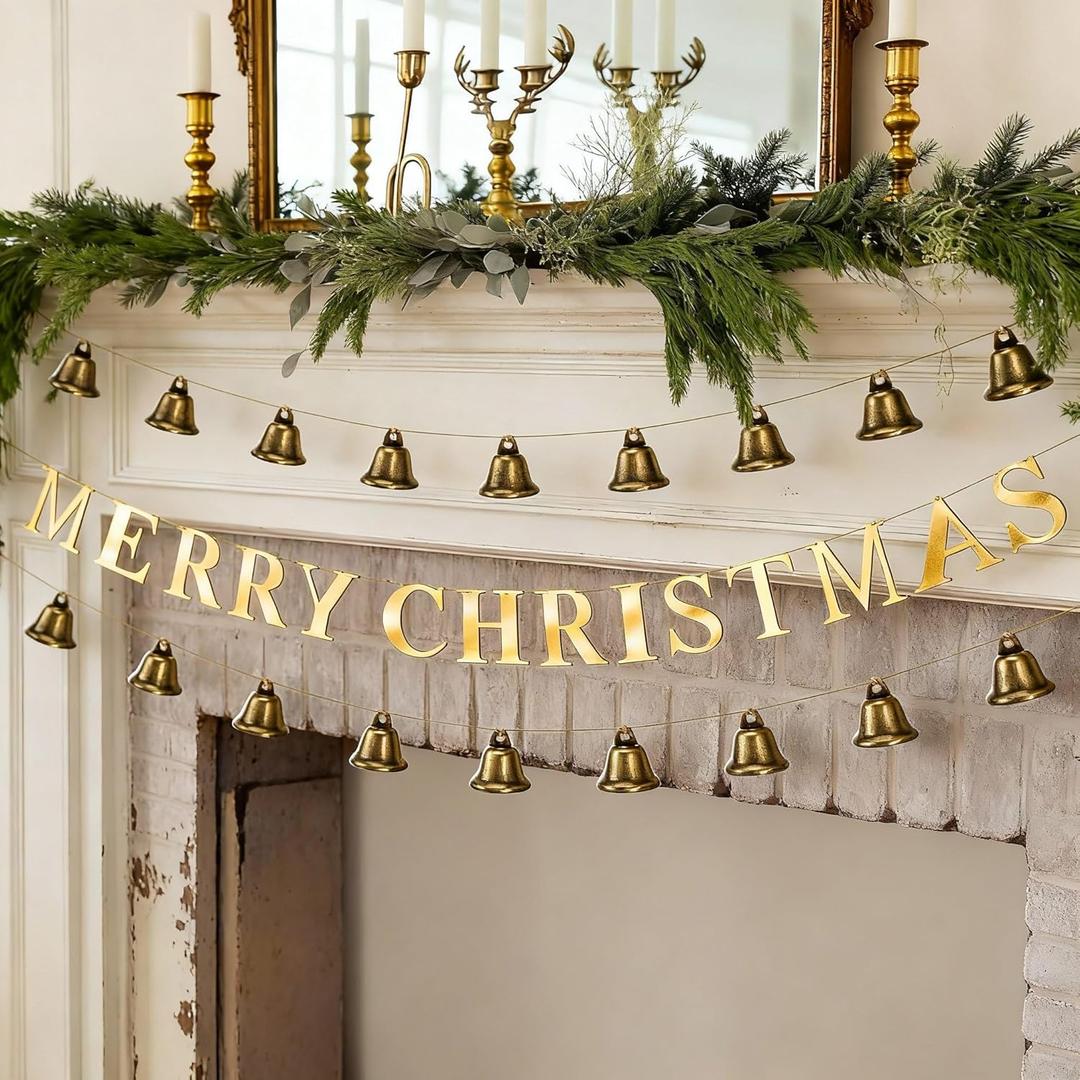 Moxweyeni 55 Inches Metal Merry Christmas Banner Rust Bell Brass Finish Hanging String Garland Metal Vintage Xmas Banner for Christmas Tree Home Office Wall Fireplace and Wall Door Decorations