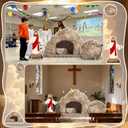 BreezeHug Easter Empty Tomb Display Life Size Include Rock Roll Away Cardboard Cutout Standup and Jesus Stand Up Religious Backdrop Photo Props for Church Sunday School Vbs He is Risen Party Decor