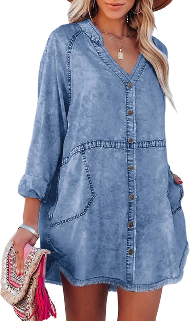 Denim Shirt Dress for Women Long Sleeve Button Down Shirts V Neck Mini Casual Jean Dresses 2025 Trendy Outfits (X-Large, Dark Blue)