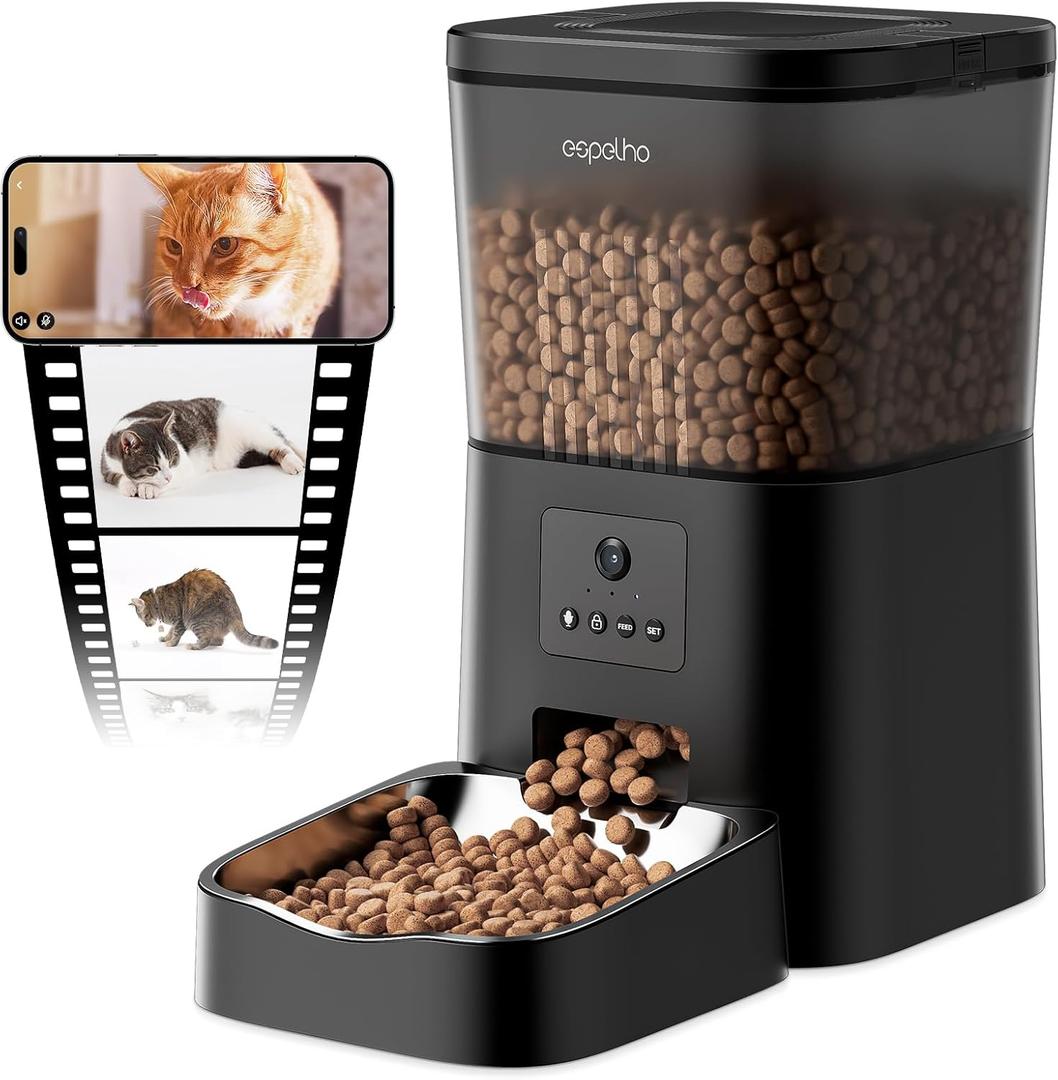Automatic Cat Feeders with Camera: HD Video Pet Feeder with Voice Recorder& Motion Detection- 2.4G WiFi Smart App Control Auto Feeder- Easy to Clean with Desiccant Bag Keep Food Fresh