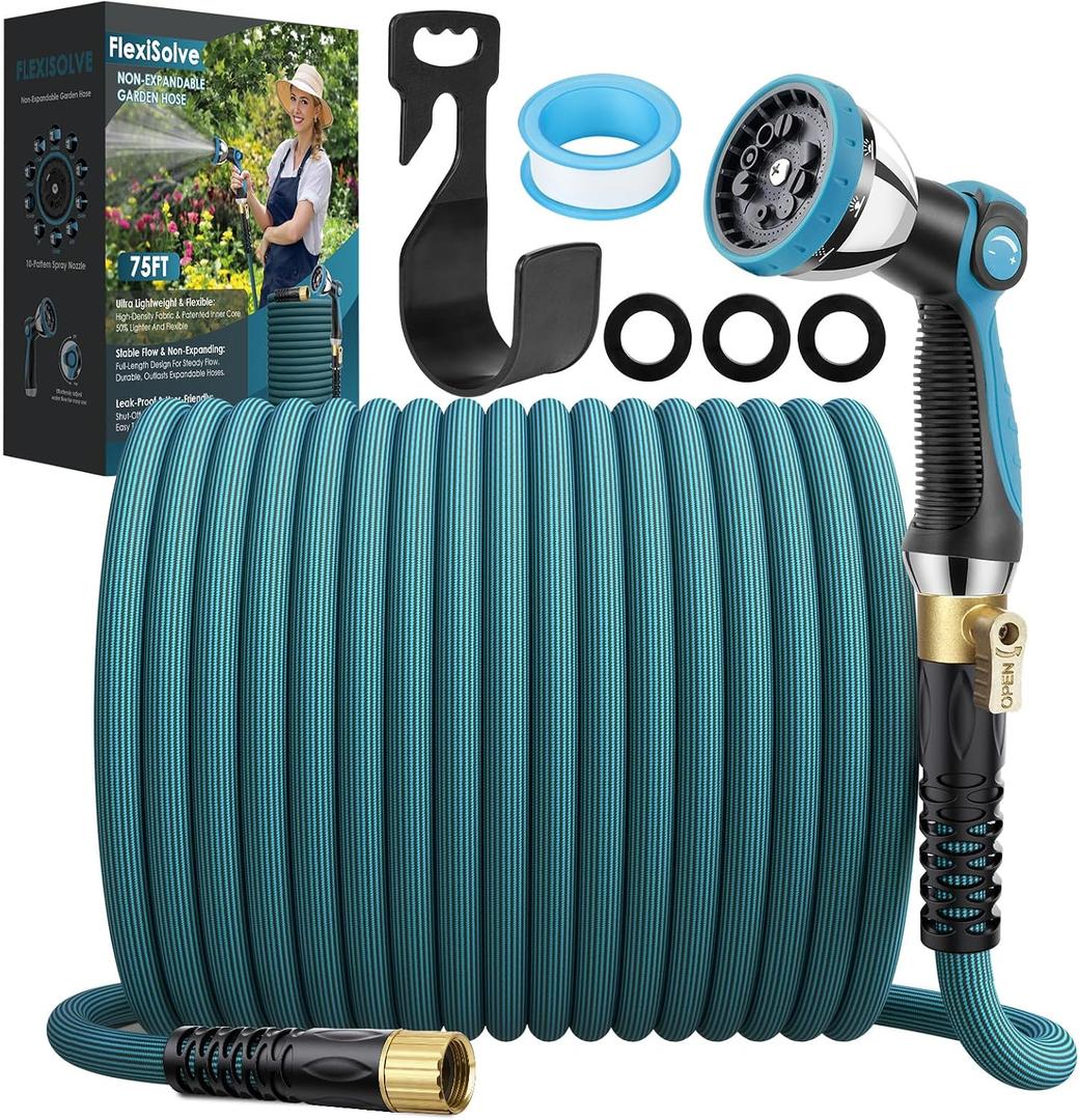 FlexiSolve NON-EXPANDABLE Garden Hose 75 ft, Ultra Lightweight Flexible Water Hose with 10-Pattern Nozzle & Shut-Off Valve, Holder, Leakproof & Kink-Resistant Reinforced Fittings for Yard Outdoor