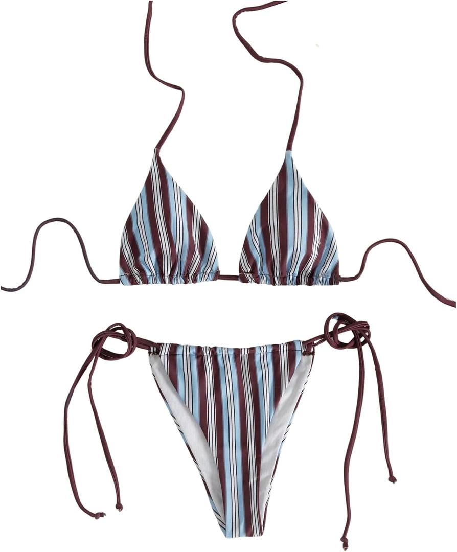 Milumia Women's 2 Piece Swimsuit Striped Halter Triangle Bikini Set Side Tie Bathing Suits (Large, Blue)
