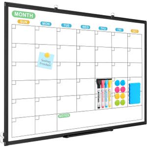 WALGLASS Dry Erase Calendar Whiteboard for Wall, 36" x 24" Double-Sided Monthly Calendar White Board with Black Aluminum Frame, Hanging or Wall Mount Whiteboard for Home, Office, School
