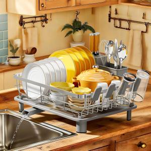 MOUKABAL Dish Drying Rack, Dish Rack, Stainless Steel Dish Racks for Kitchen Counter, Dish Drainer with Removable Utensil Holder, Drainboard (Grey,Stainless Steel,13''W x 17''L)