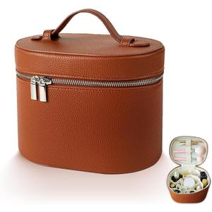 Makeup Case, Large Capacity Leather Makeup Bag with Removable Washable Compartment, Portable Waterproof Leather Cosmetic Case, Multi-functional Travel Organizer, Brown