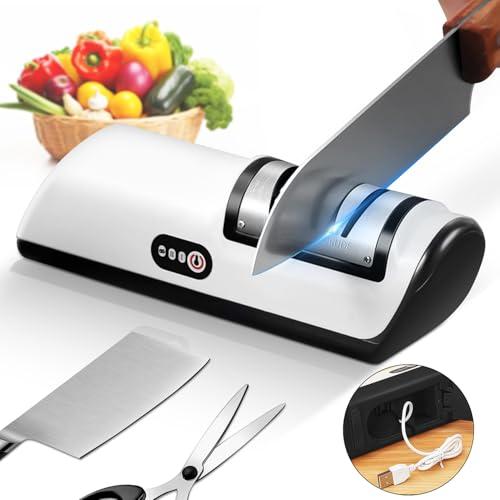 Rechargeable Electric Knife Sharpener, Compact Cordless Knife Sharpener with Diamonds for Steel Knives and Fruit Knife, 2 Stage Automatic Knife Sharpening Helps Restore & Polish Blades Quickly