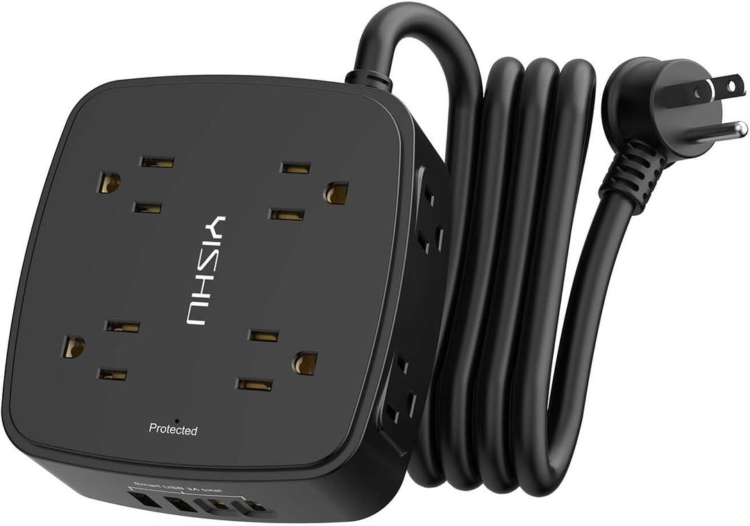 6 Ft Surge Protector Power Strip - 8 Widely Outlets with 4 USB Ports, 3 Side Outlet Extender with 6 Feet Extension Cord, Flat Plug, Wall Mount, Desk USB Charging Station, ETL,Black