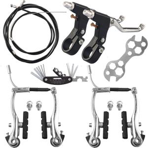 Complete Bike Brakes SetInner and Outer Callipers Cables Lever Kit Universal Bike Front and Rear MTB Brake with Multi-Tool Wrenches Silver