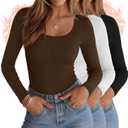 Ficerd 3 Pack Women's Thermal Long Sleeve Shirts Fleece Lined Scoop Neck Stretch Fitted Tops Winter Base Layer Underwear (Large, Black, White, Dark Coffee), Size L