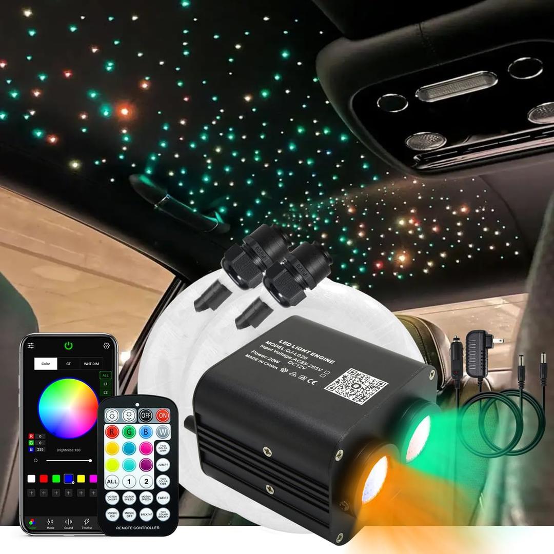 AKEPO 20W Twinkle Dual-Head Dual Color Fiber Optic Lights, Fiber Optic Star Ceiling Light Kit Sound Activated APP Remote Control for Car Starlights Headliner/Home 600pcs 13.1ft/4m Fiber Strands
