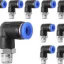 HARFINGTON 10pcs Push to Connect Fittings Male Elbow 5/16 Inch Tube OD x 1/8 Inch NPT Thread Plastic Quick Connect Air Hose Pneumatic Fitting Kit Push Lock Connector PL8-N01, Blue