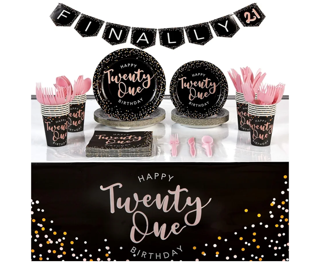 Sparkle and Bash 21st Birthday Party Supplies, Plates, Napkins, Tablecloth, Cups, Cutlery, Finally 21 Banner (24 Guests, 170 Pieces) - 21st Birthday Decorations
