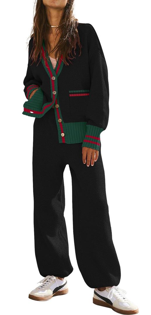 Women's 2 Piece Outfit Lounge Set Trendy Cardigan Sweater Pants Sets V Neck Button Pocket Knit Matching Loungewear, Small