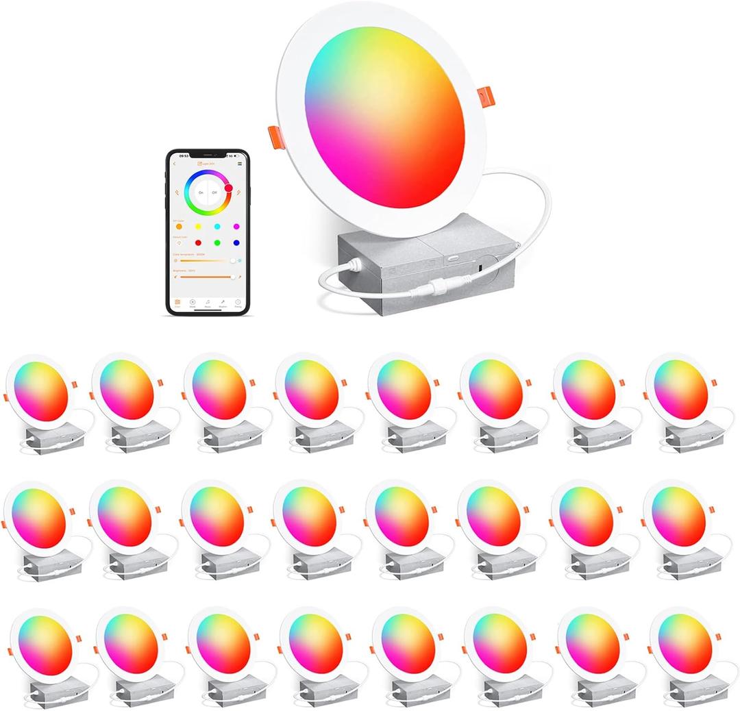 Recessed Lighting 6 Inch RGBCW Color Changing Smart Recessed Ceiling Lights 16W 1350LM LED Downlights Dimmable by Alexa & APP, 2700K-6500K,16 Million Colors - DIY Scenes - Timer - 23 Modes (24 Pack)