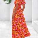 BTFBM Womens Spring 2026 Casual Maxi Dresses Short Sleeve Smocked Tiered Floral Boho Long Beach Dress with Pockets (M)