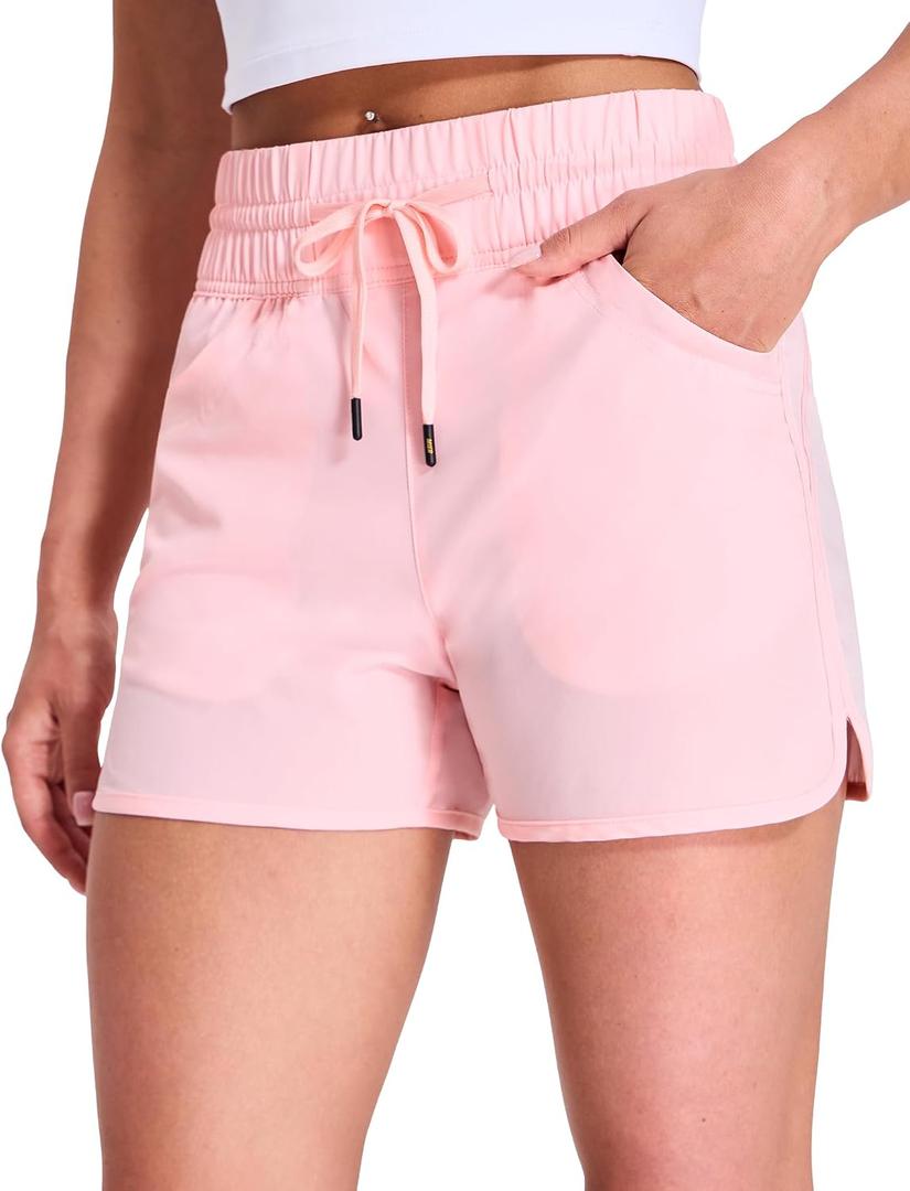 MIER Women's Running Shorts Quick Dry Athletic Workout High Waisted Active Shorts with Liner Zipper Pocket 4 Inch (Pink, M)